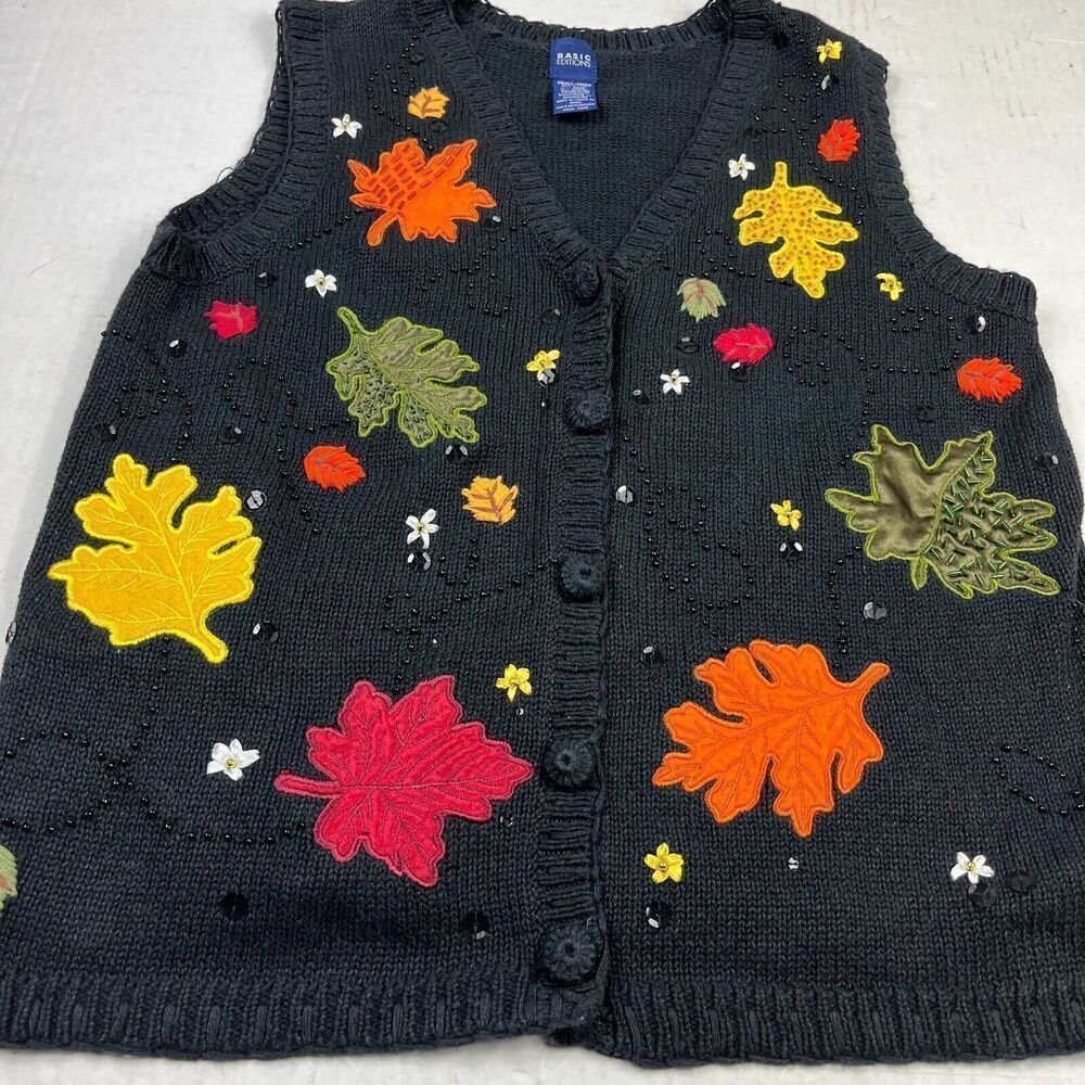 Basic Editions Embroidered Sweater Vest Fall Leaf… - image 2